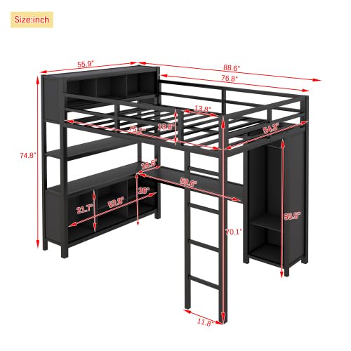 Black Full Size Metal Loft Bed with Wardrobe and L-Shaped Desk R992432