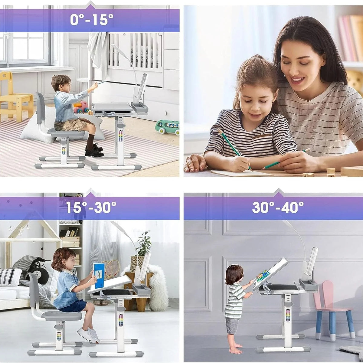 Kids Desk and Chair Set with Light, Height Adjustable Tiltable Desk A4136