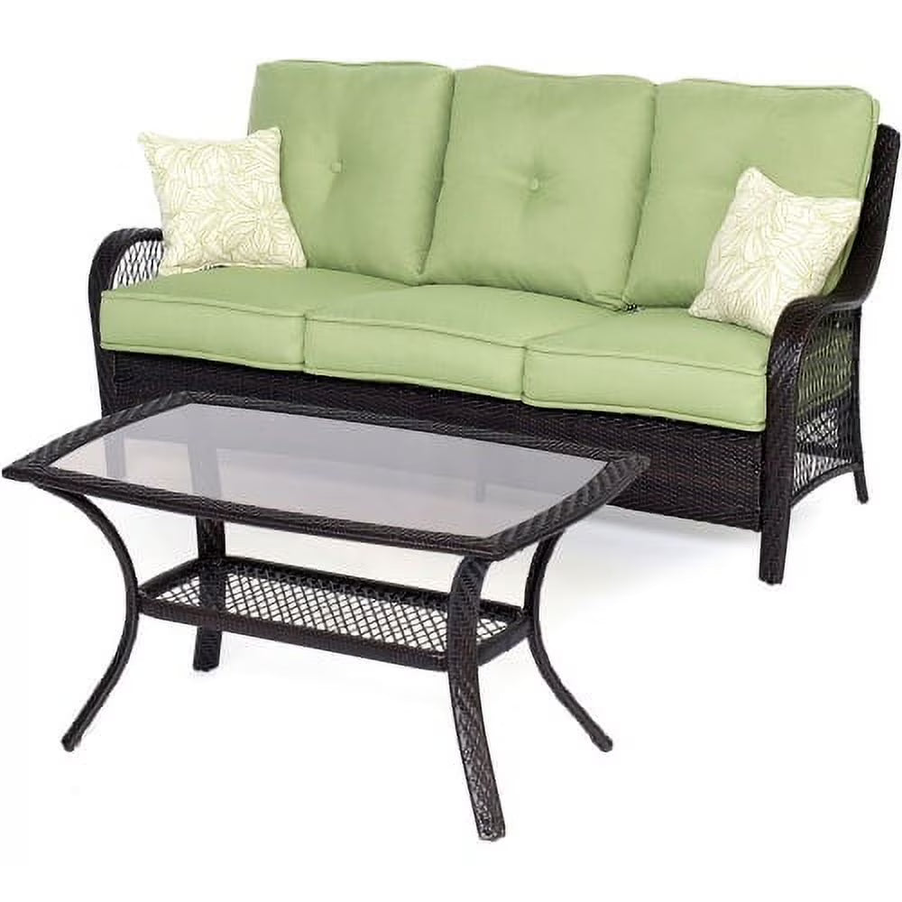 2-Piece Steel Outdoor Patio Deep Seating Set with Brown Wicker, Sofa, Avocado Green Cushions, 2 Pillows and Glass Top Rectangular Coffee Table S9067