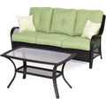 2-Piece Steel Outdoor Patio Deep Seating Set with Brown Wicker, Sofa, Avocado Green Cushions, 2 Pillows and Glass Top Rectangular Coffee Table S9067