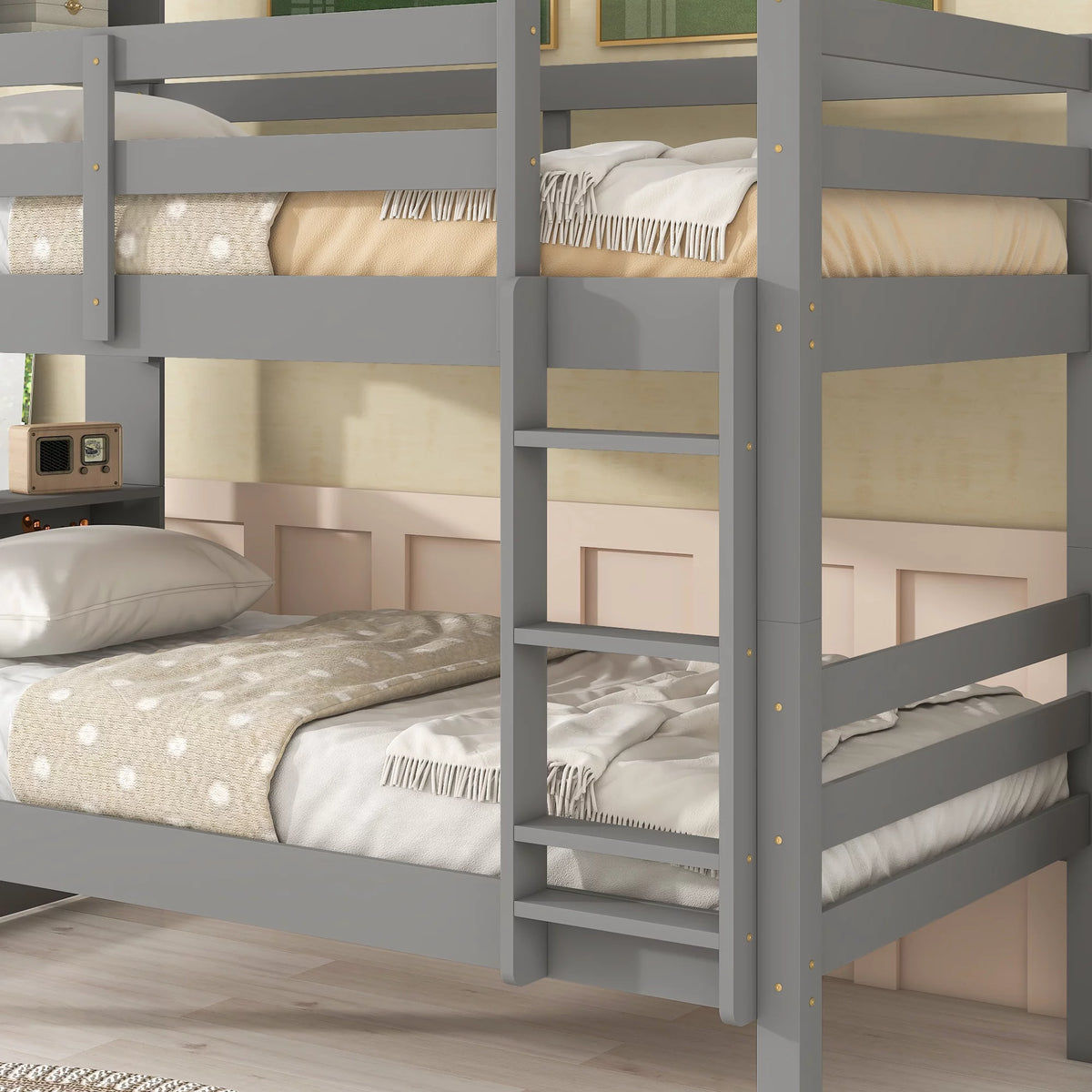 Twin over Twin Wood Bunk Bed with Storage Headboard I21594