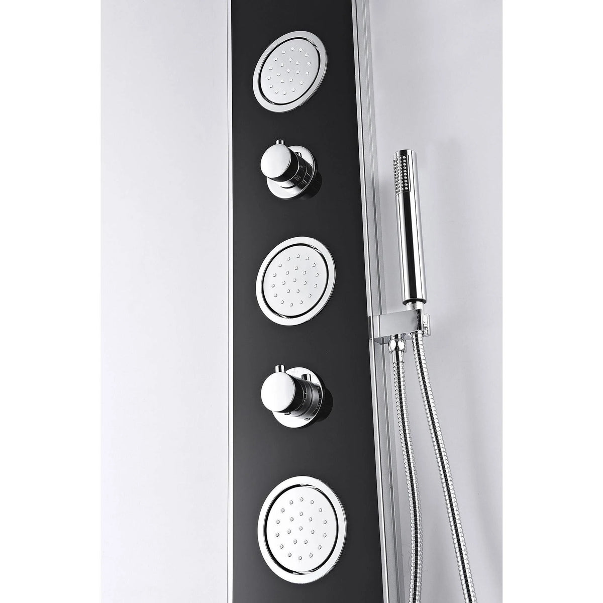 Black Full Body Shower Panel System with Rain Shower and Spray Wand O472