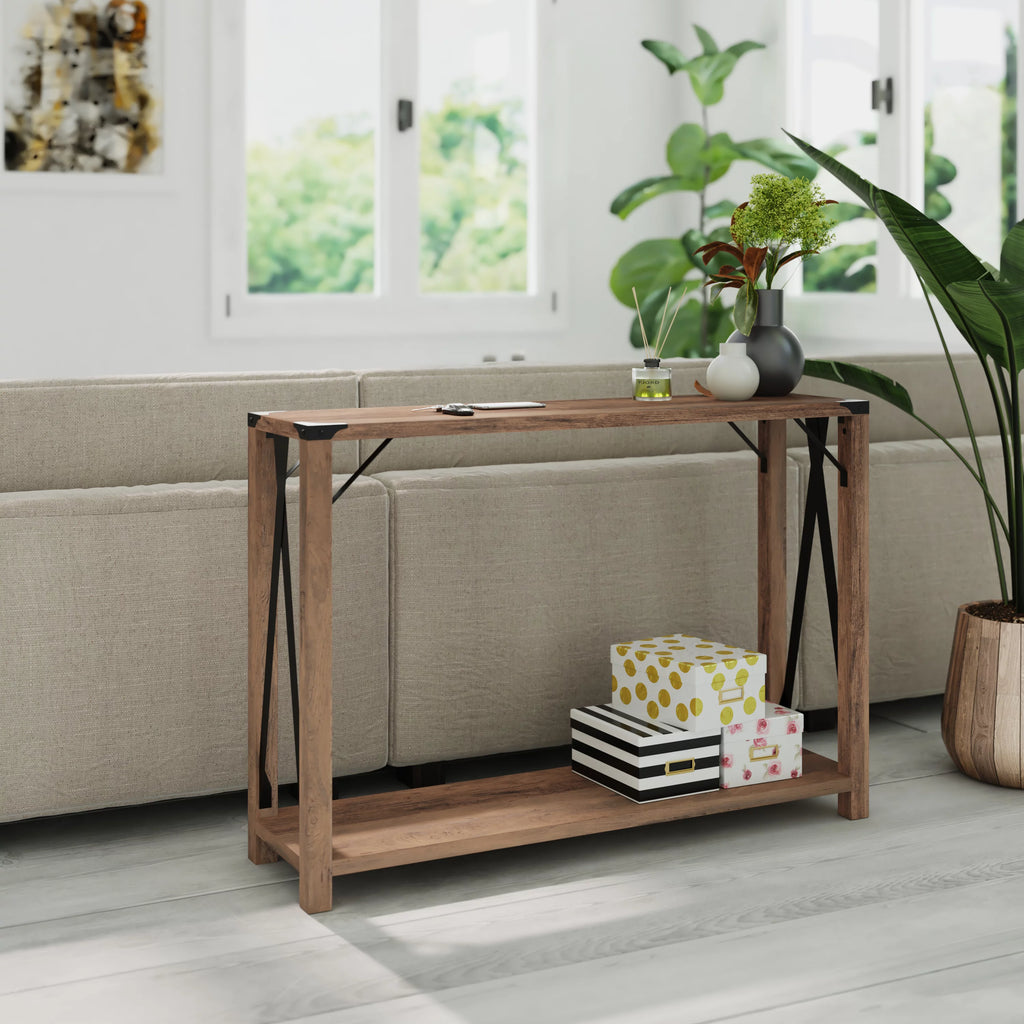 Rustic Oak Engineered Wood Console Table with Metal Accents V36027