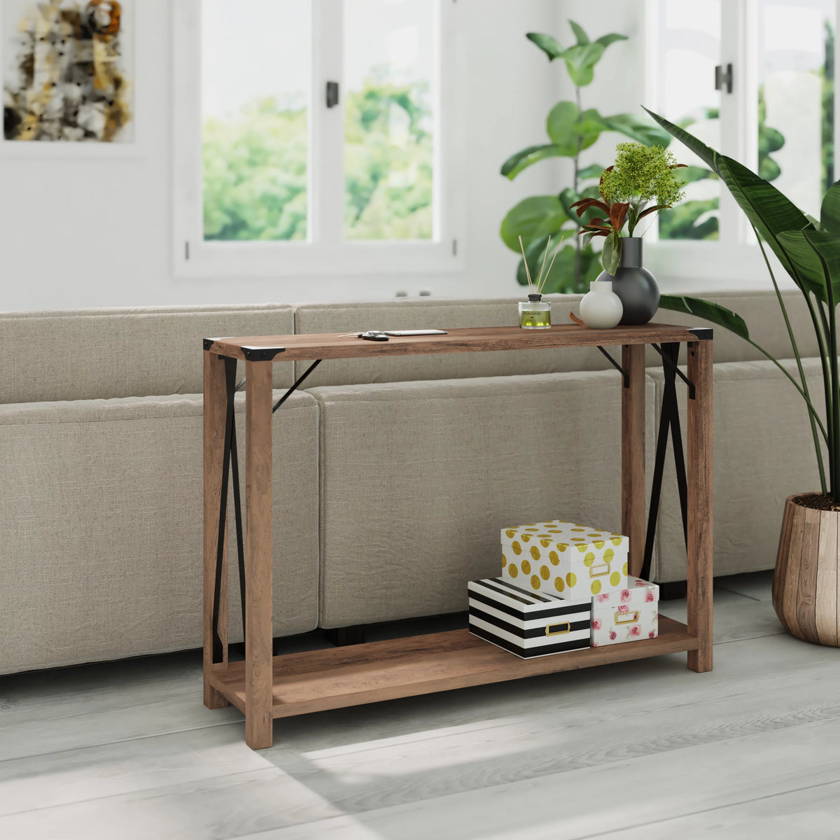 Rustic Oak Engineered Wood Console Table with Metal Accents V36027