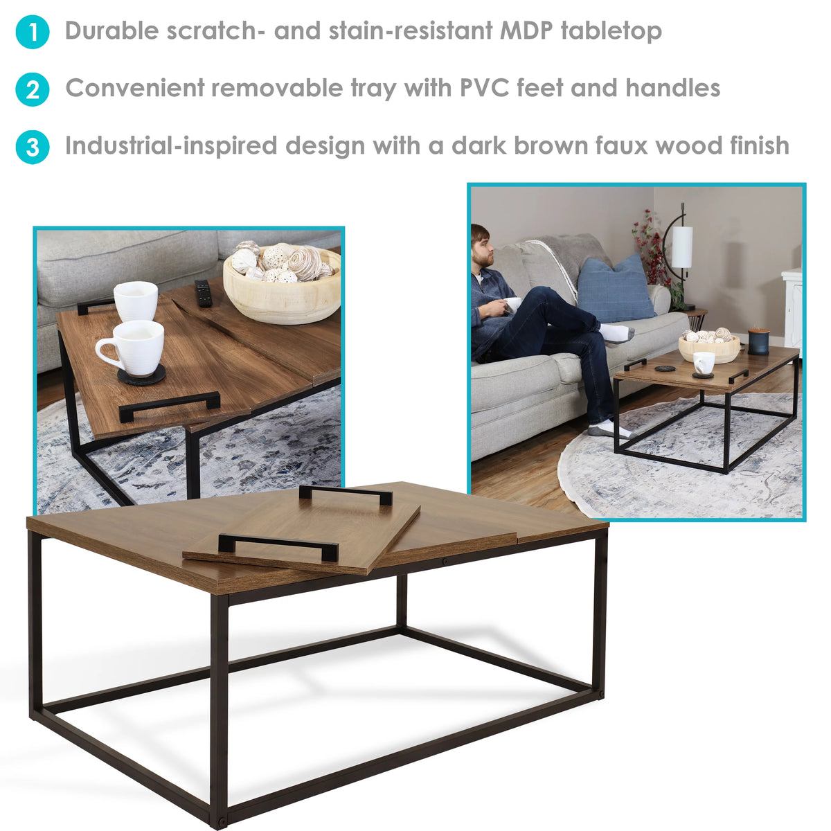 Brown Coffee Table with Removable Serving Tray C6404