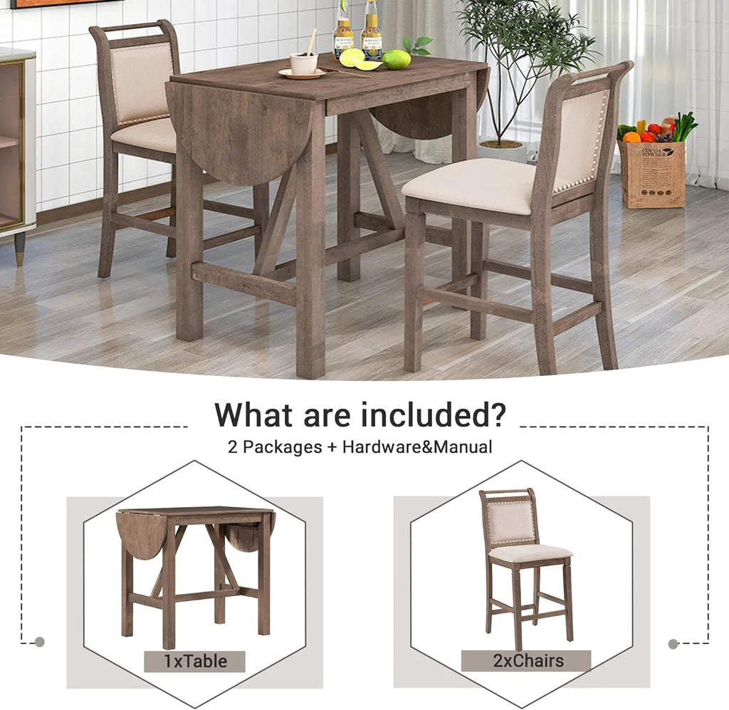 3 Piece Counter Height Drop Leaf Dining Table with 2 Padded Chairs, Brown E607486