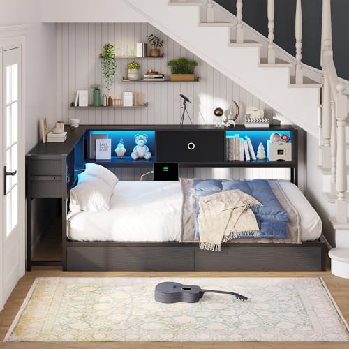 Black & Gray Twin Size Corner Bed Frame with Storage G786755