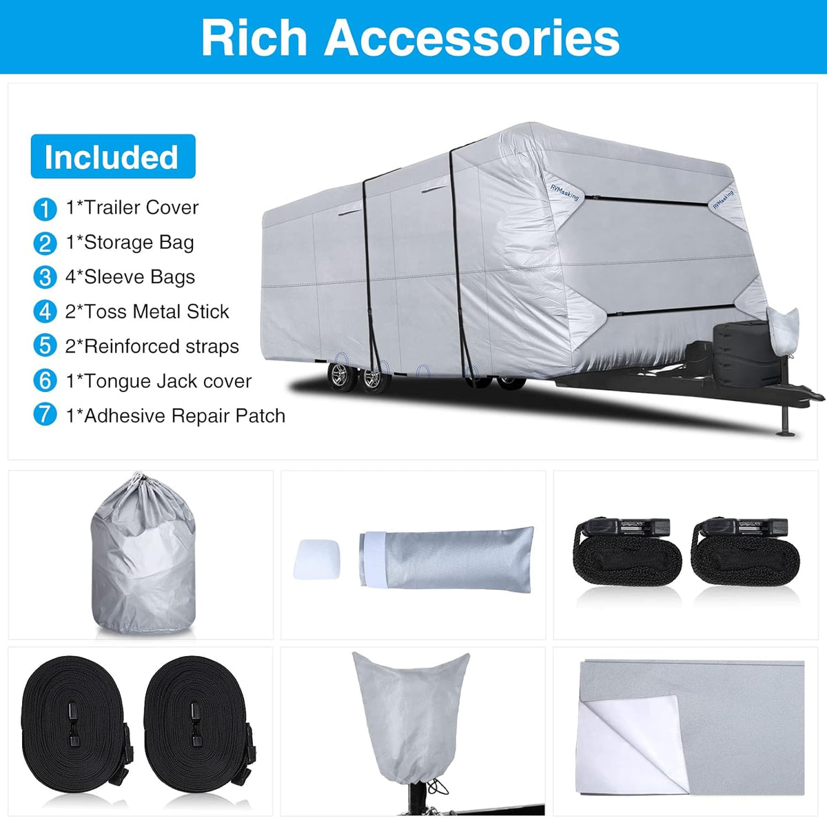 Rip-Stop RV Cover Fits 20'1" - 22' Long Motorhome, Waterproof Camper Cover with Gutter Covers G524