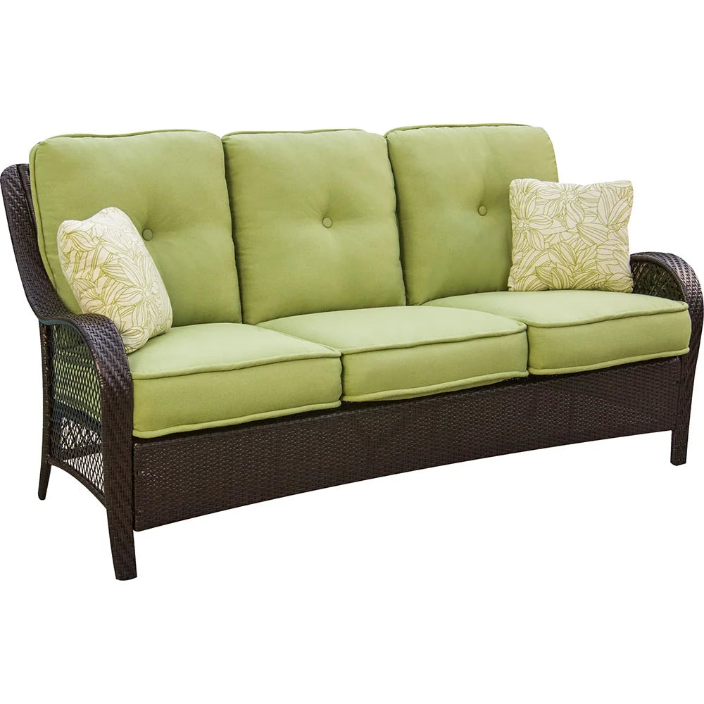 2-Piece Steel Outdoor Patio Deep Seating Set with Brown Wicker, Sofa, Avocado Green Cushions, 2 Pillows and Glass Top Rectangular Coffee Table S9067