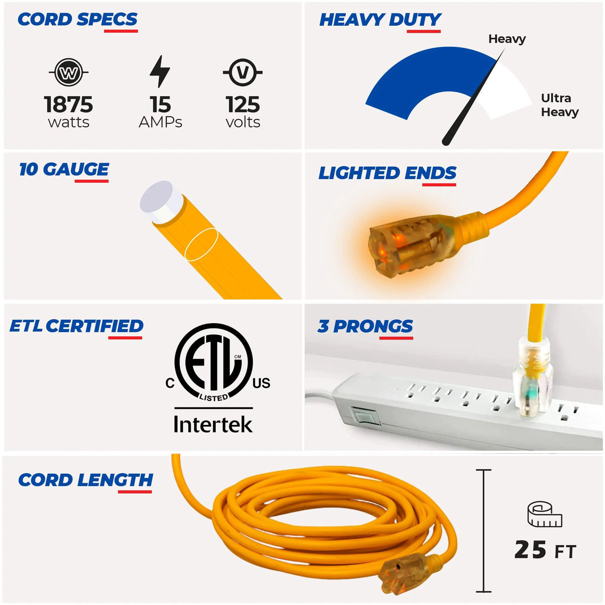 25 ft 10 gauge 3 prong SJTW Yellow Lighted End Extension Cord B541876