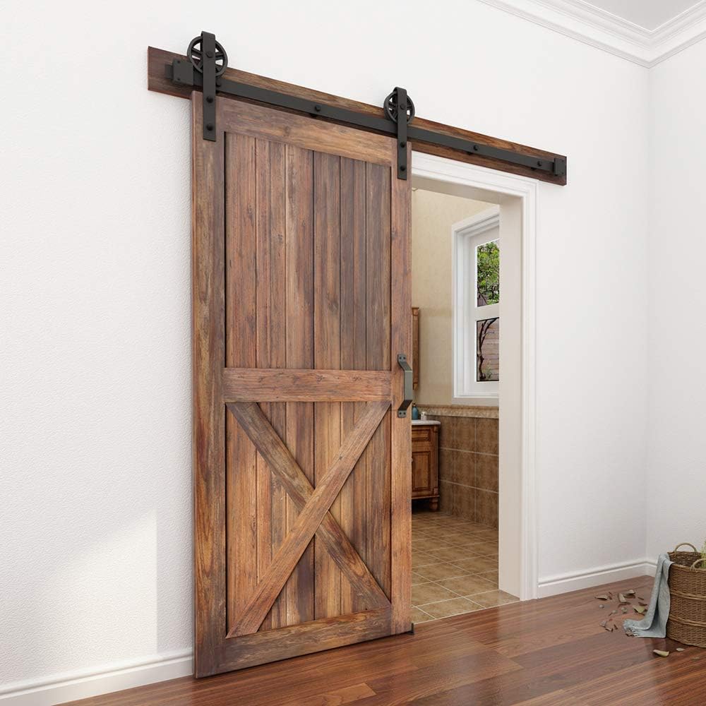 5-16FT Single Wood Sliding Barn Door Hardware Kit 6FT Basic Black Carbon Steel Flat Track System Pack of 2 U550