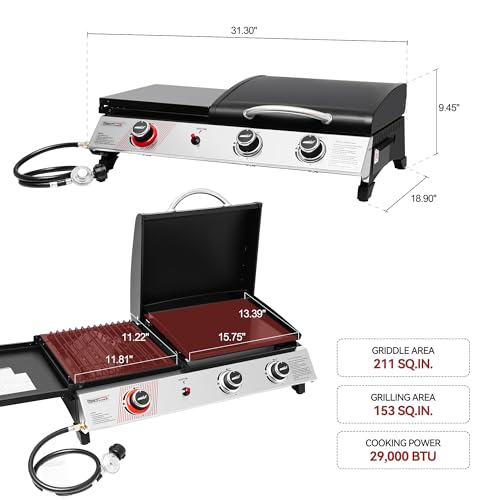 3 Burner Propane Gas Grill and Griddle Combo with Lid, Silver & Black R76012
