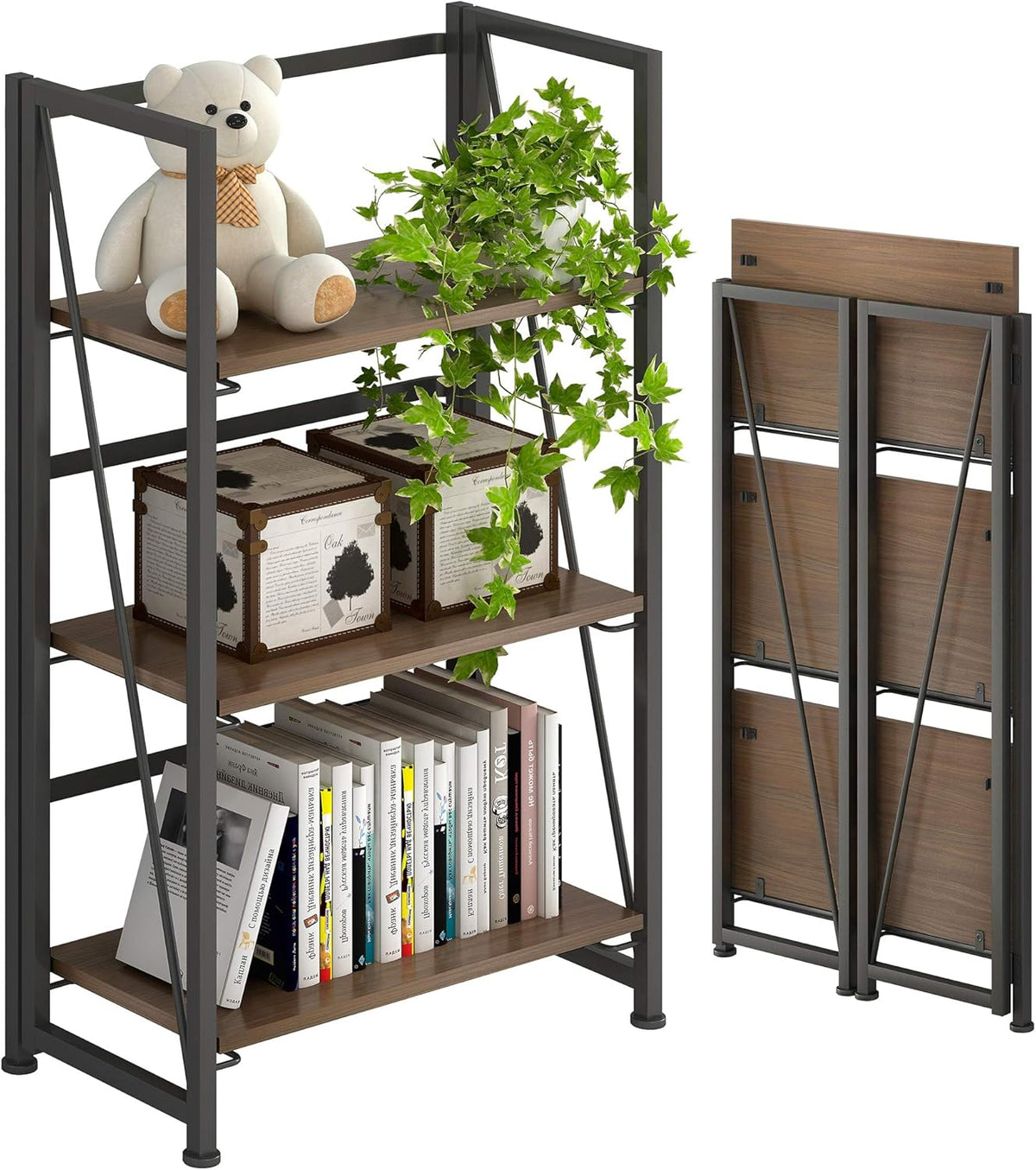 5 Tiers Folding Bookshelf Storage Shelves with 2 Drawers Brown and Black X510
