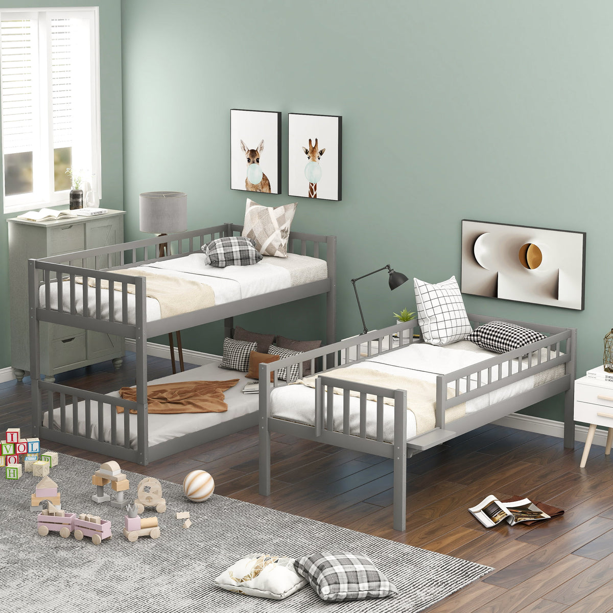 Triple Twin Bunk Bed with Built-in Ladder and Slide Y38321