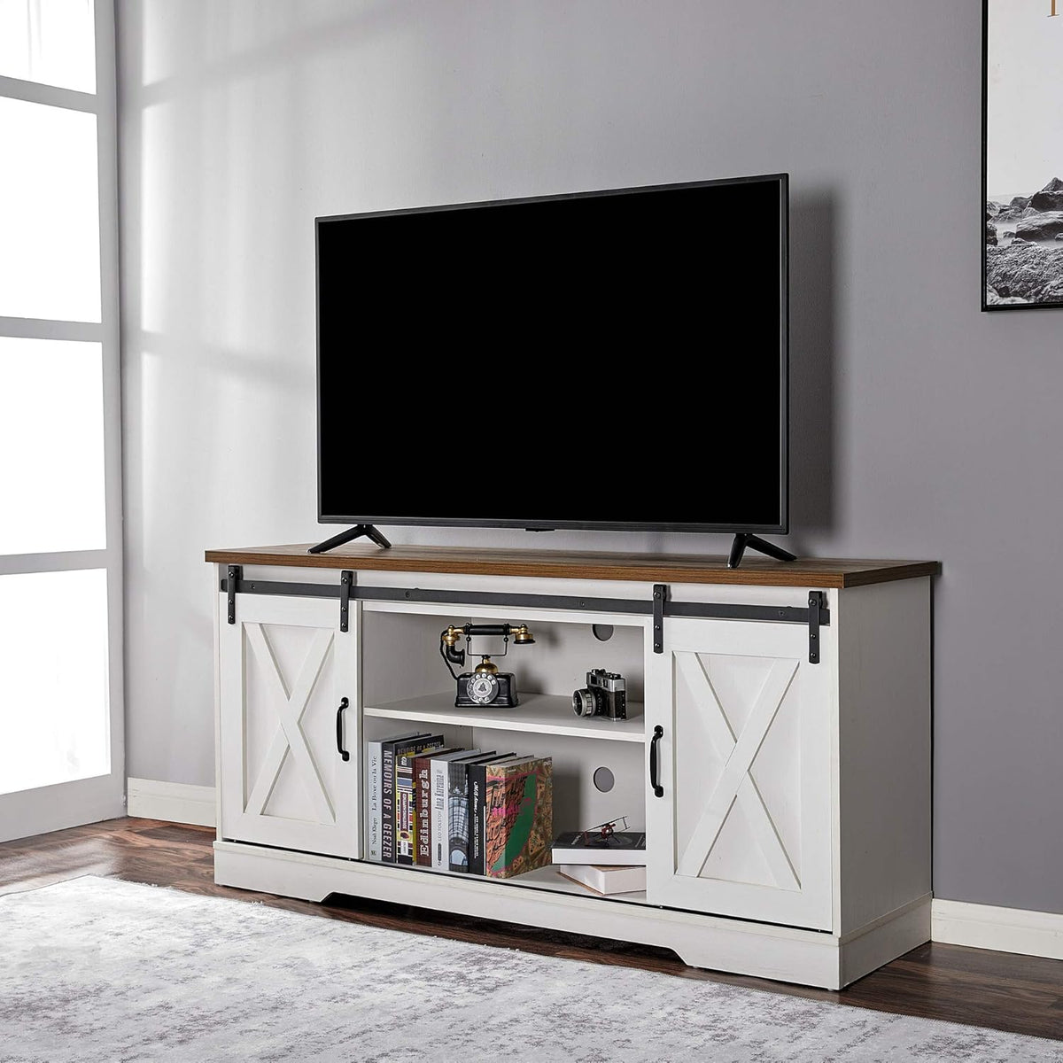 Distressed White Wood TV Stand with Sliding Barn Door N470