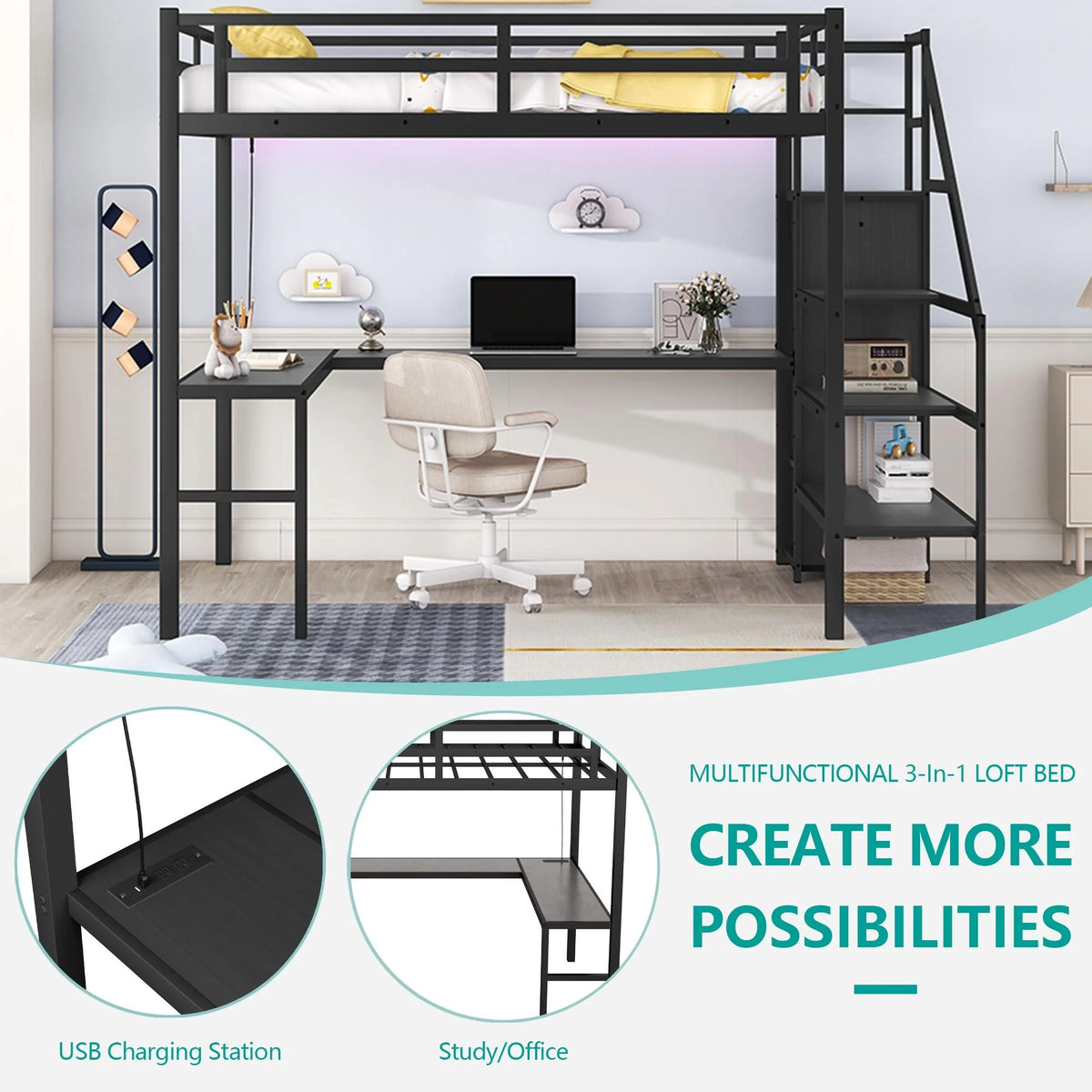 Black Full Size Metal Loft Bed with Desk and Stairs F758875