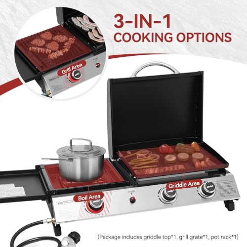 3 Burner Propane Gas Grill and Griddle Combo with Lid, Silver & Black R76012