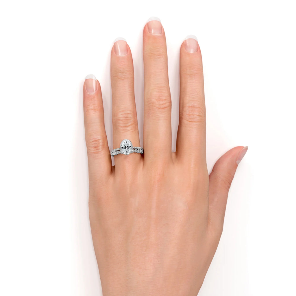 1.75 Carat Oval Cut Moissanite Ring Set in 18k White Gold Over Silver K7106