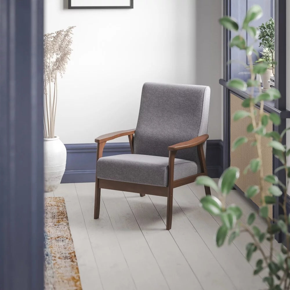Dark Gray Faux Linen Arm Chair with Wooden Frame C372