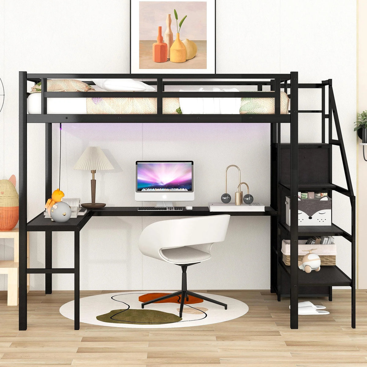 Black Full Size Metal Loft Bed with Desk and Stairs F758875
