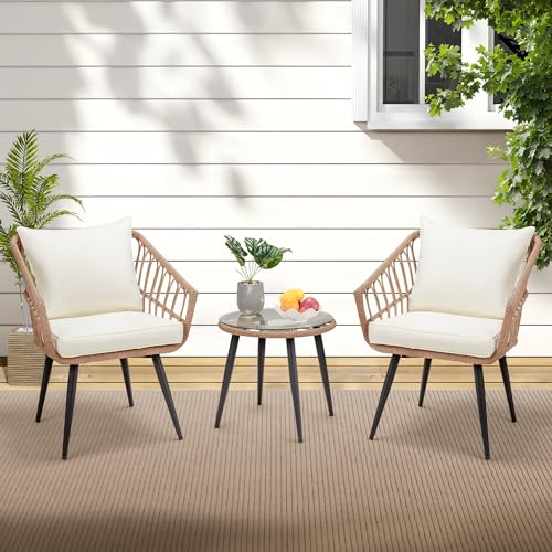 3 Piece Wicker Patio Bistro Set with Glass Top Table and Cushions R728378