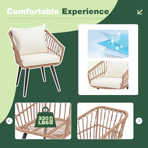 3 Piece Wicker Patio Bistro Set with Glass Top Table and Cushions R728378
