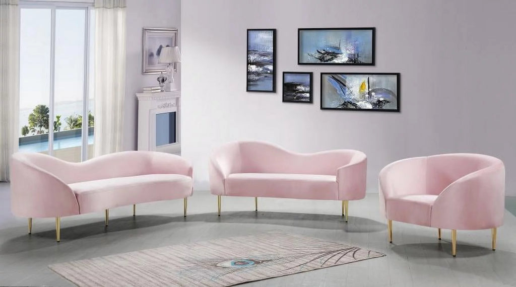 Pink Velvet Contemporary Sofa Loveseat & Chair 3Pcs I87389