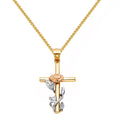 14K Tri-Tone Gold Floral Cross Pendant with 18" Chain Necklace S815