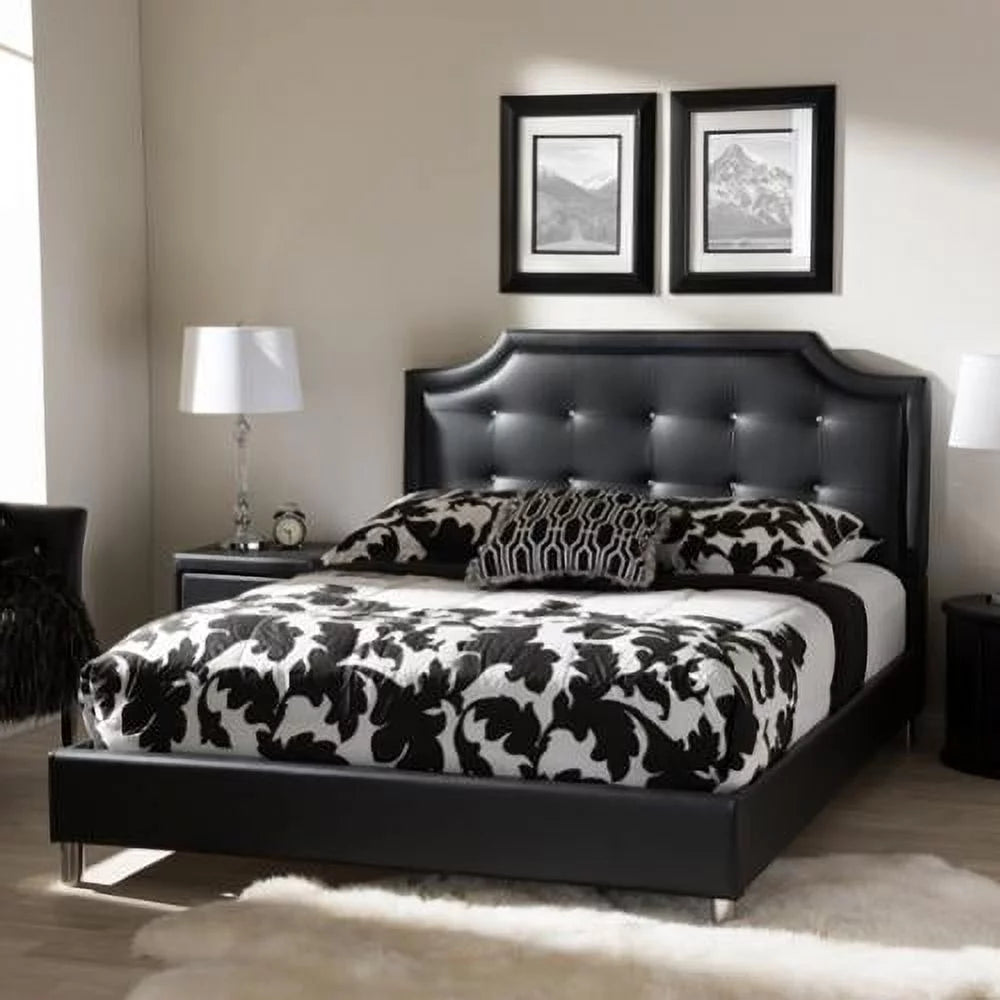 Black Faux Leather Queen Platform Bed with Upholstered Headboard O5490