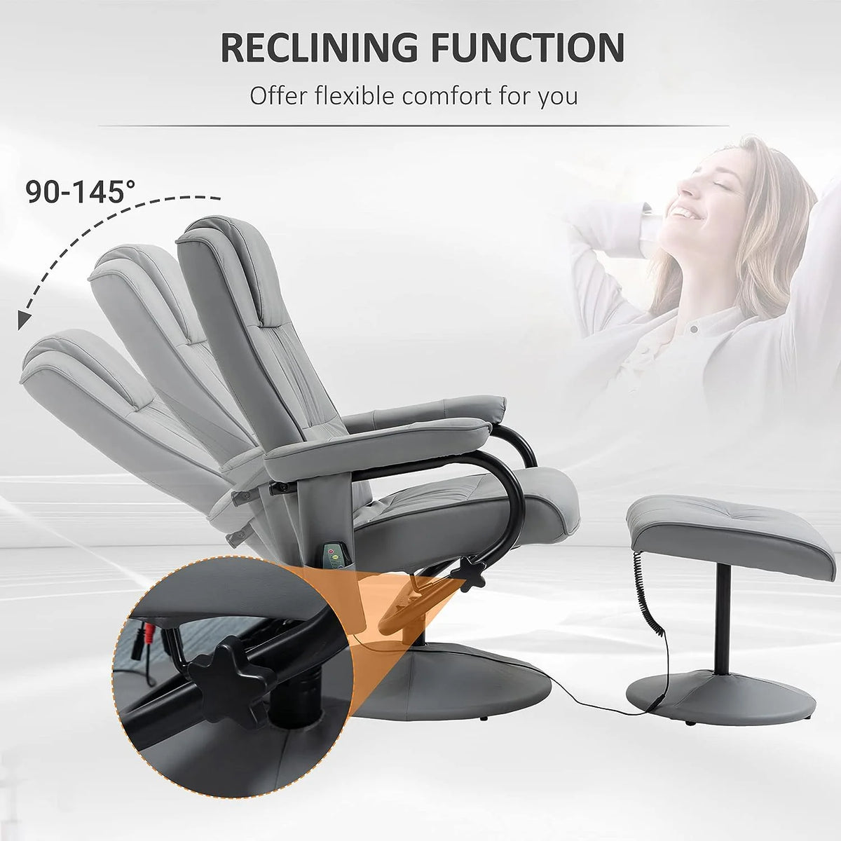 Gray Faux Leather Massaging Recliner Chair and Ottoman Set M6296