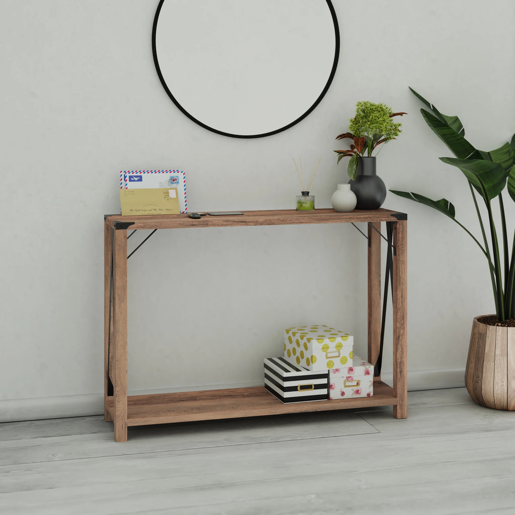 Rustic Oak Engineered Wood Console Table with Metal Accents V36027