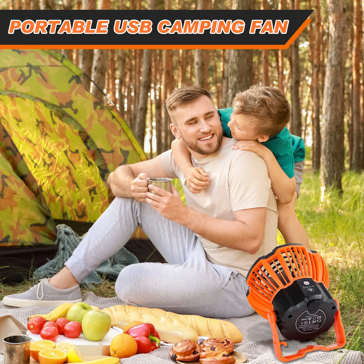 Rechargeable Camping Fan and LED Lantern with 270° Rotation and Built-In Hook P63136