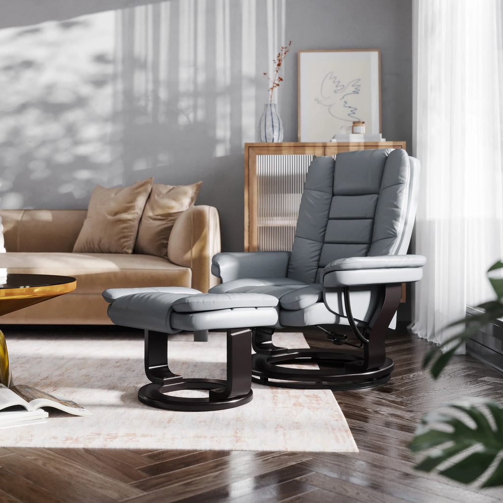 Gray Faux Leather Recliner with Ottoman V21071