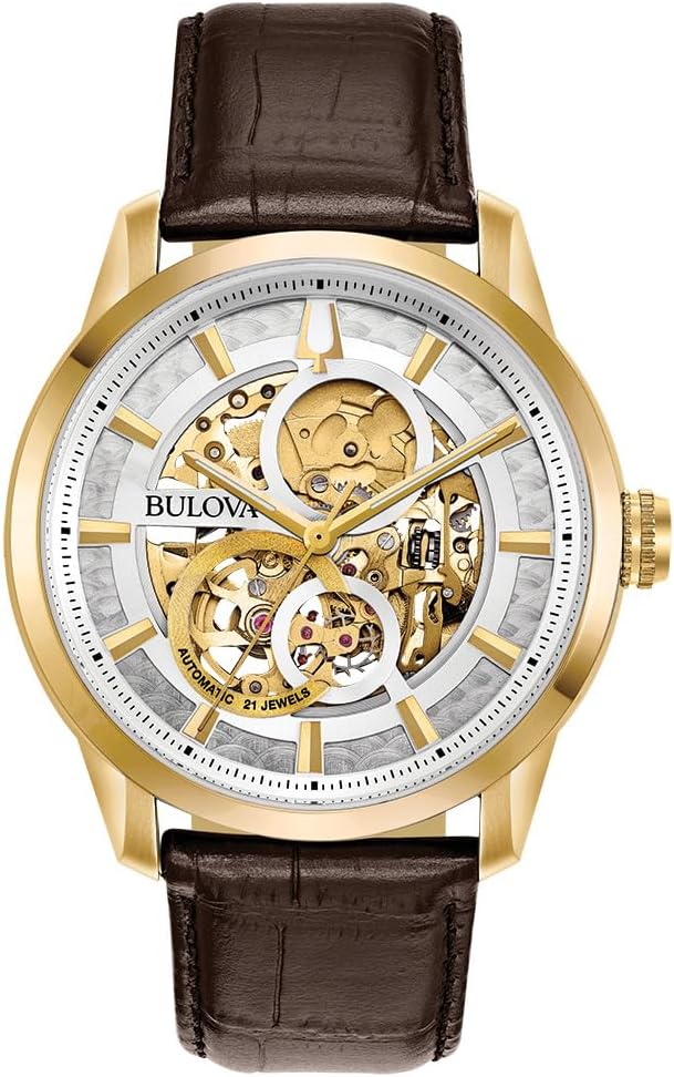 Brown Leather Strap Automatic Skeleton Dial Watch 43mm N380