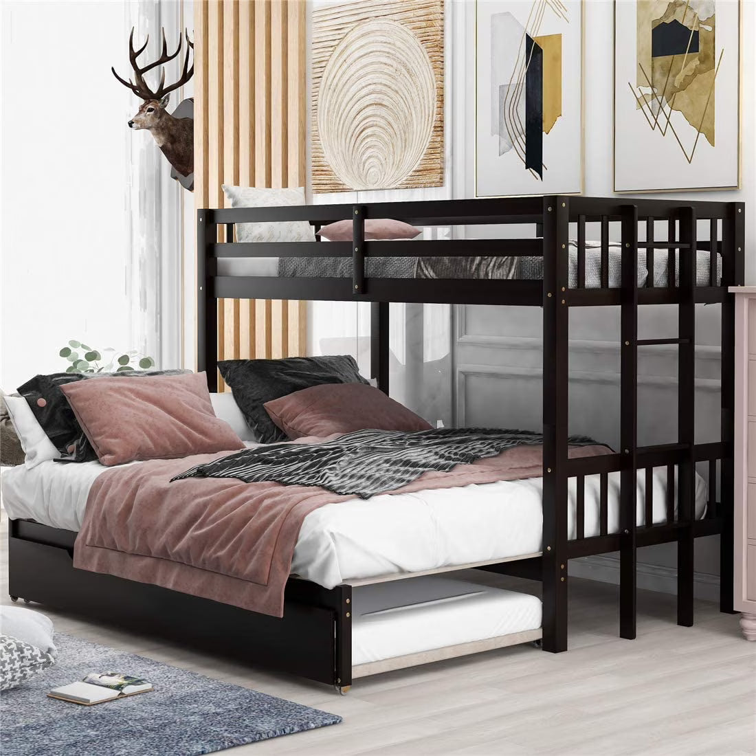 Twin Over Twin/King Wooden Bunk Beds with Trundle and Ladder B53090