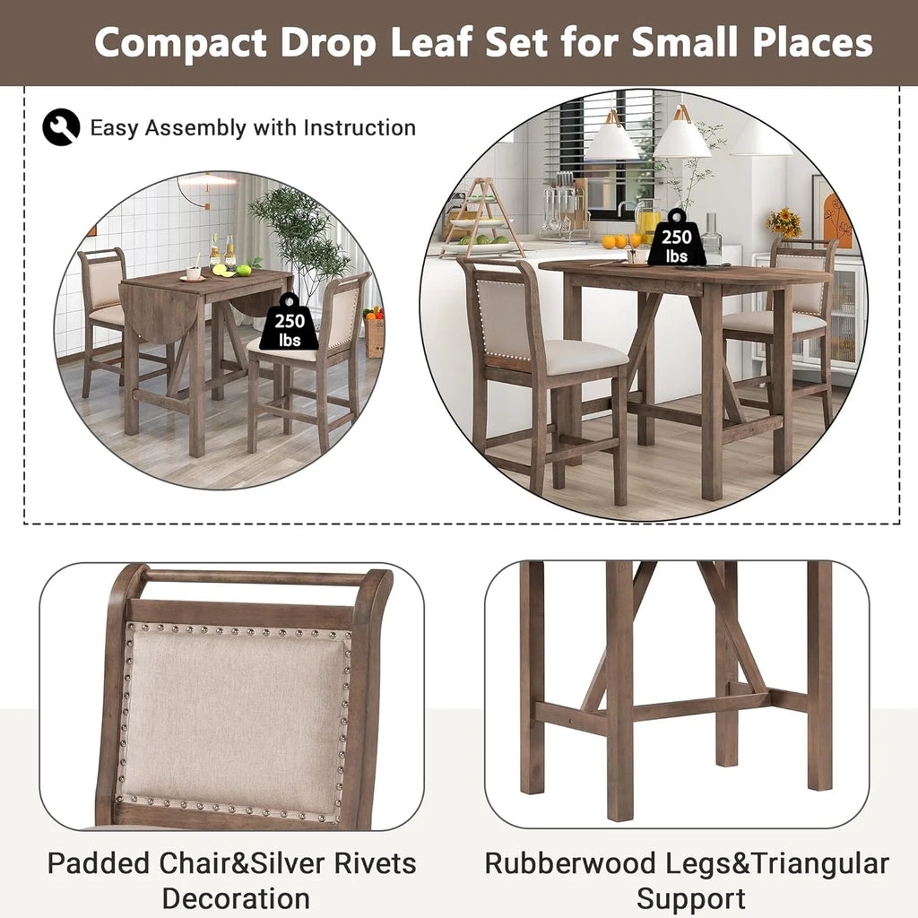 3 Piece Counter Height Drop Leaf Dining Table with 2 Padded Chairs, Brown E607486