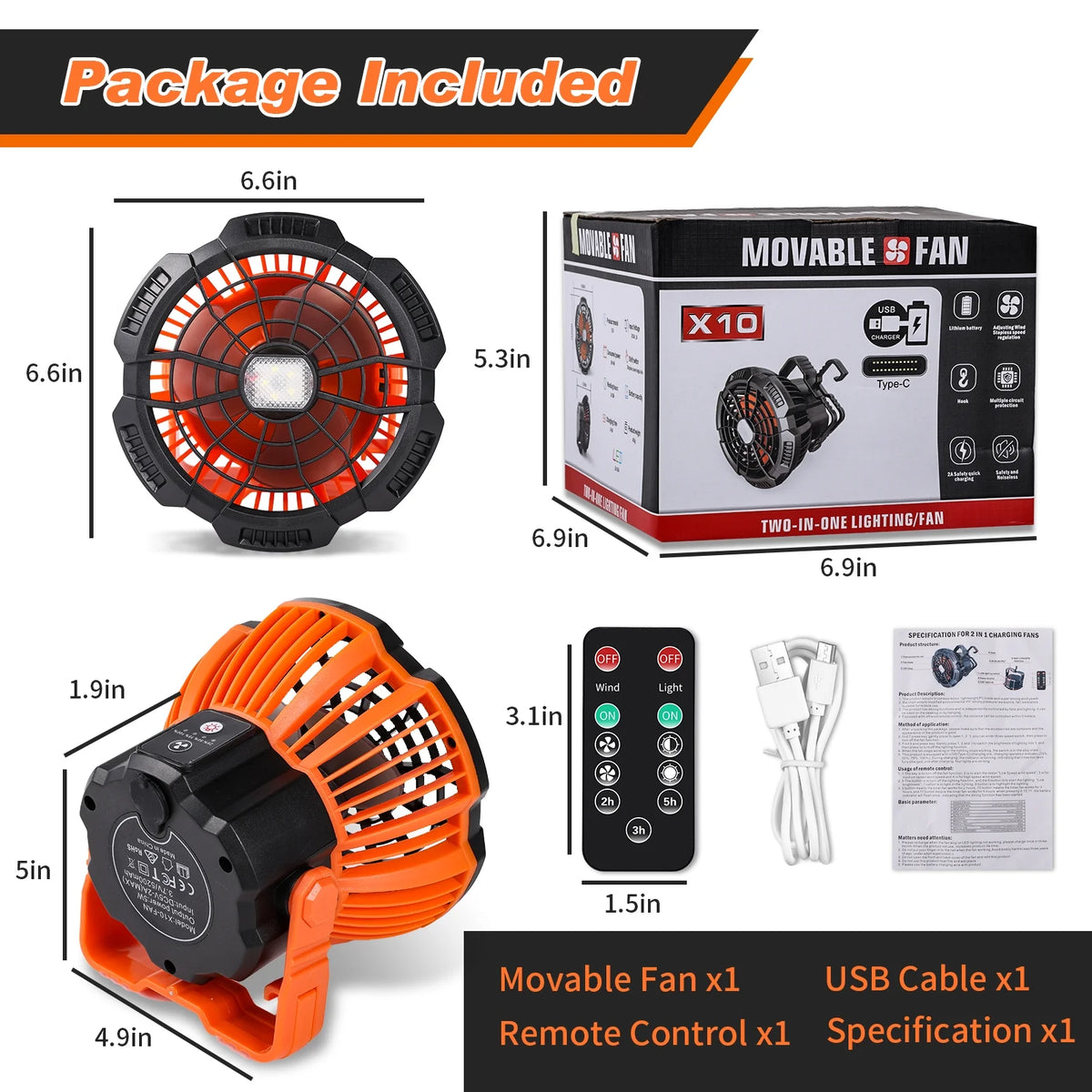 Rechargeable Camping Fan and LED Lantern with 270° Rotation and Built-In Hook P63136
