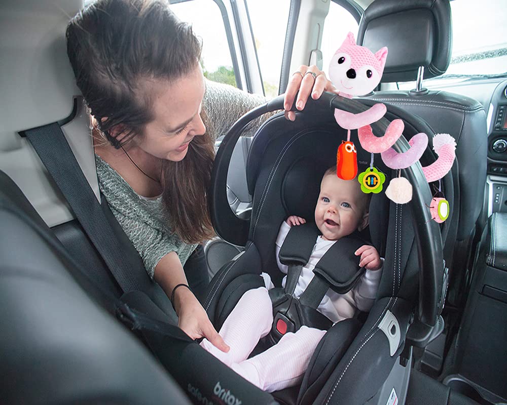 Pink Fox Plush Hanging Stroller Toys with Musical Sheep Rattles Owl Ladybird Distorting Mirror P196793
