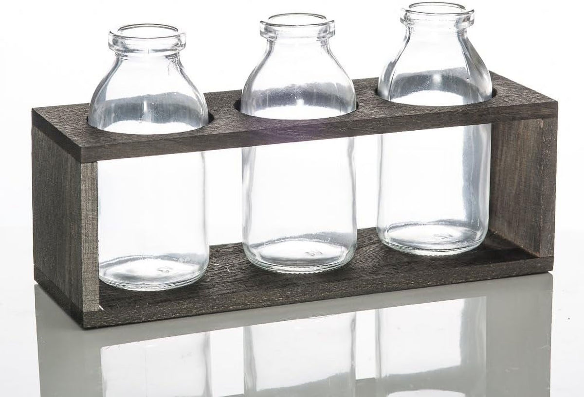Vintage Milk Bottle Vases With Wooden Stand Set Of 6 C3249