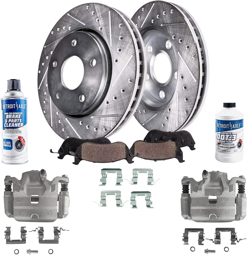 Front Drilled & Slotted Rotors + Calipers + Ceramic Brake Pads 8pc Set R377386