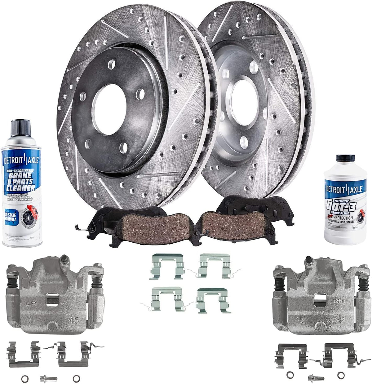 Front Drilled & Slotted Rotors + Calipers + Ceramic Brake Pads 8pc Set R377386