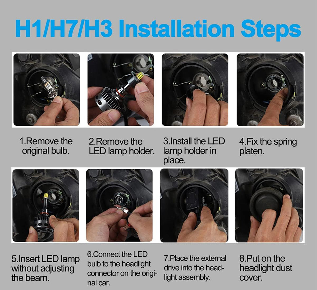 H1 LED Headlight Bulb, High Beam, Low Beam, Halogen Replace Kit, 12000lm 6K, Pack of 2 B250