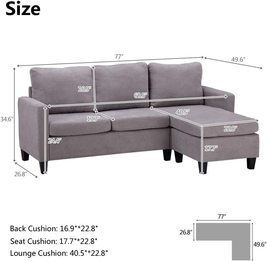 Light Grey Linen Fabric L-Shaped 3-Seat Convertible Sectional Sofa Couch with Reversible Chaise U4358