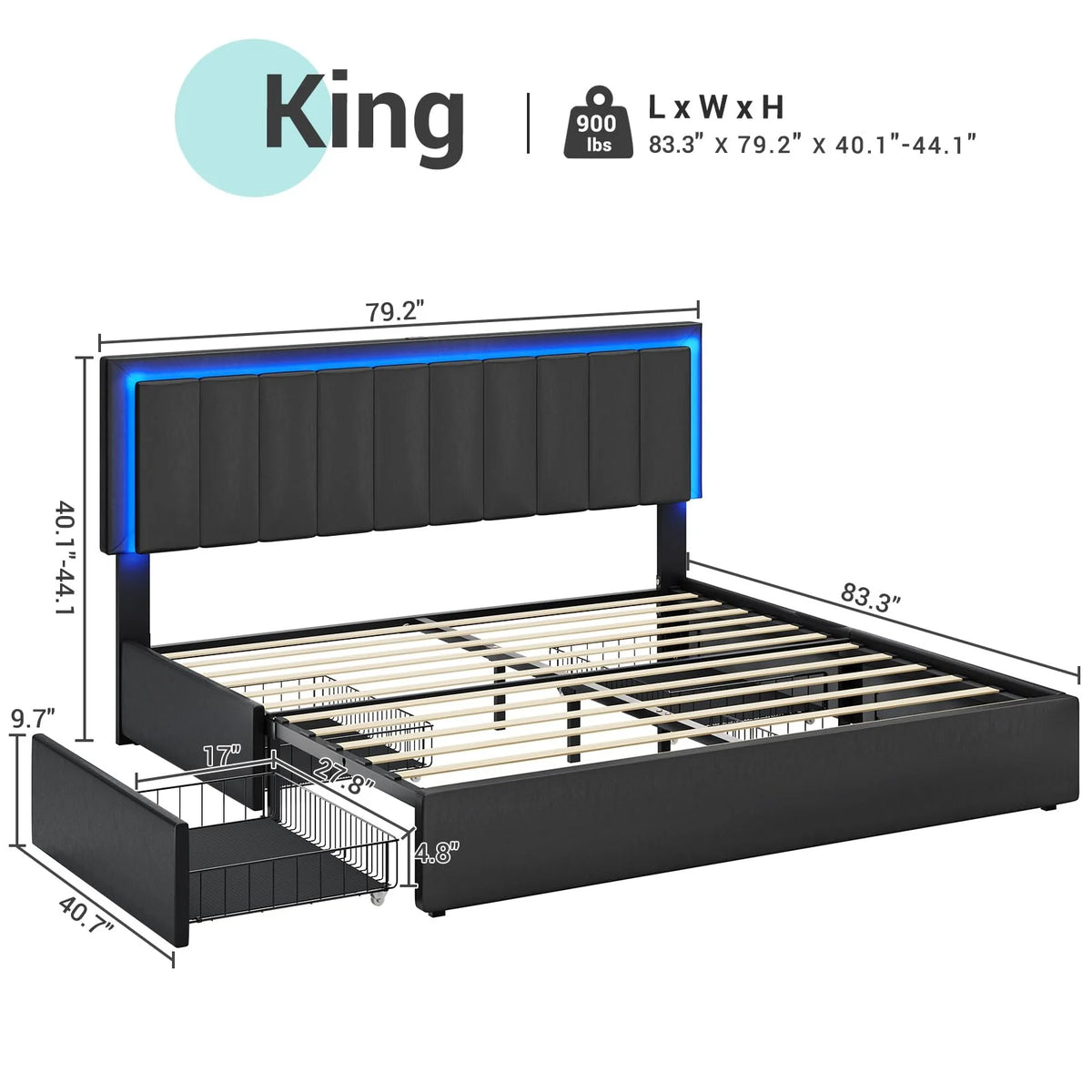King Size Upholstered Platform Bed Frame with 4 Storage Drawers and Adjustable Headboard R321