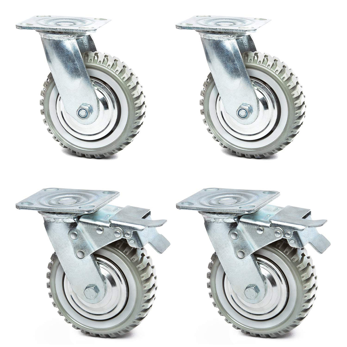 6 Inches Heavy Duty Rubber Swivel Casters Set of 4 (2 with Brakes & 2 Without) T929
