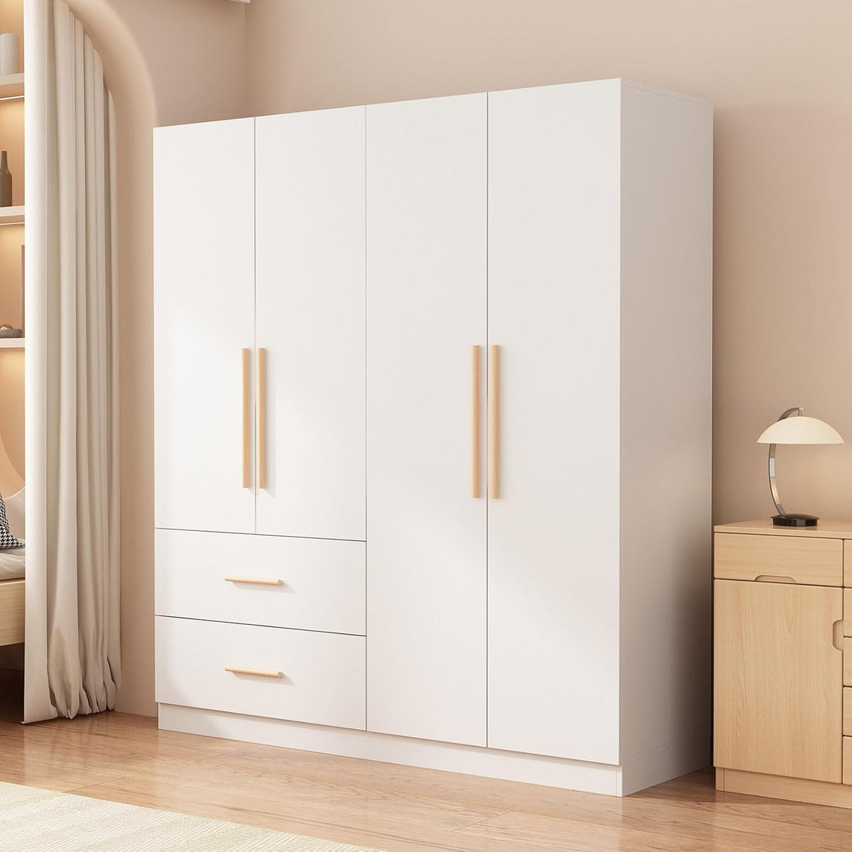 White 4-Door 2-Drawer Wood Wardrobe M546267