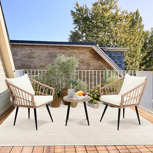 3 Piece Wicker Patio Bistro Set with Glass Top Table and Cushions R728378