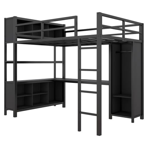 Black Full Size Metal Loft Bed with Wardrobe and L-Shaped Desk R992432