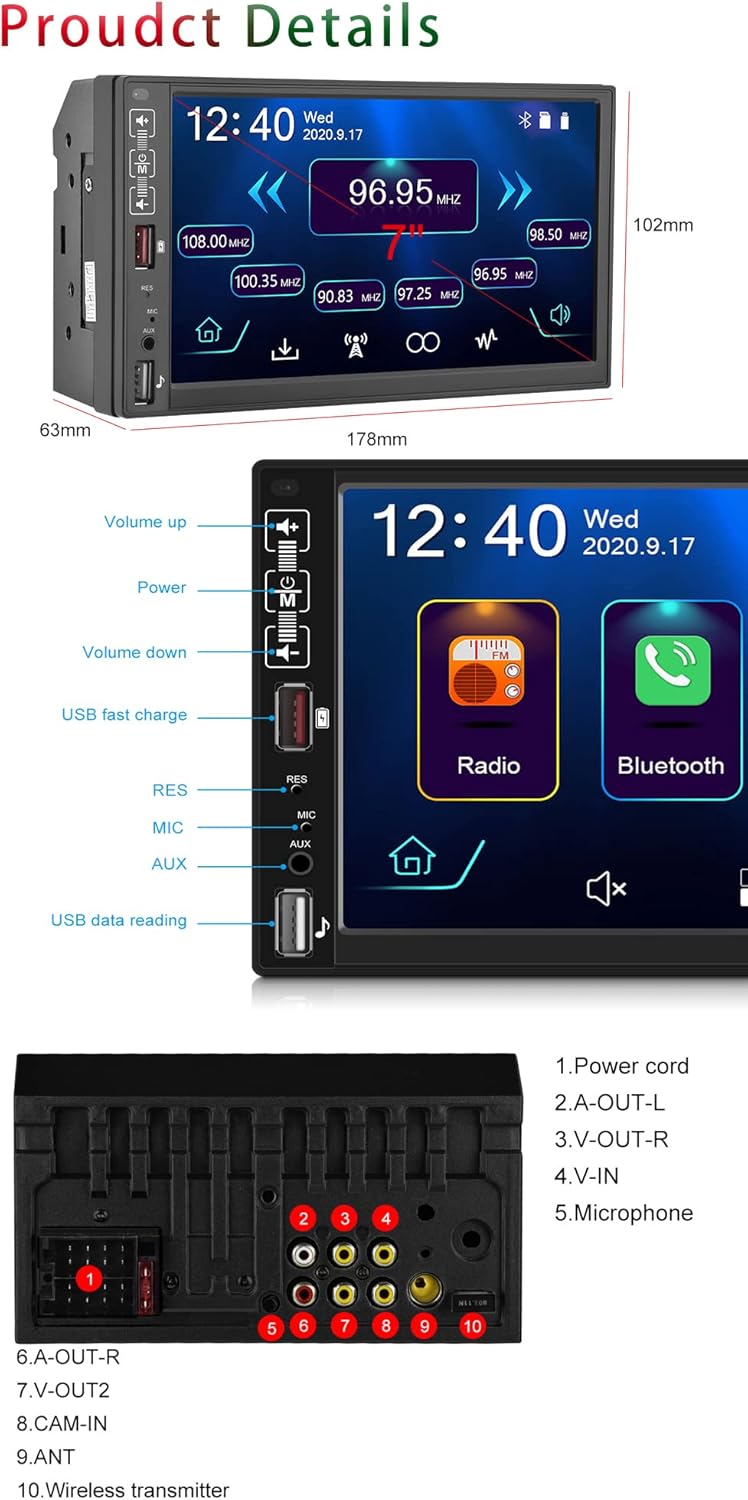 7 Inch Touchscreen Double Din Car Stereo with Backup Camera M124942