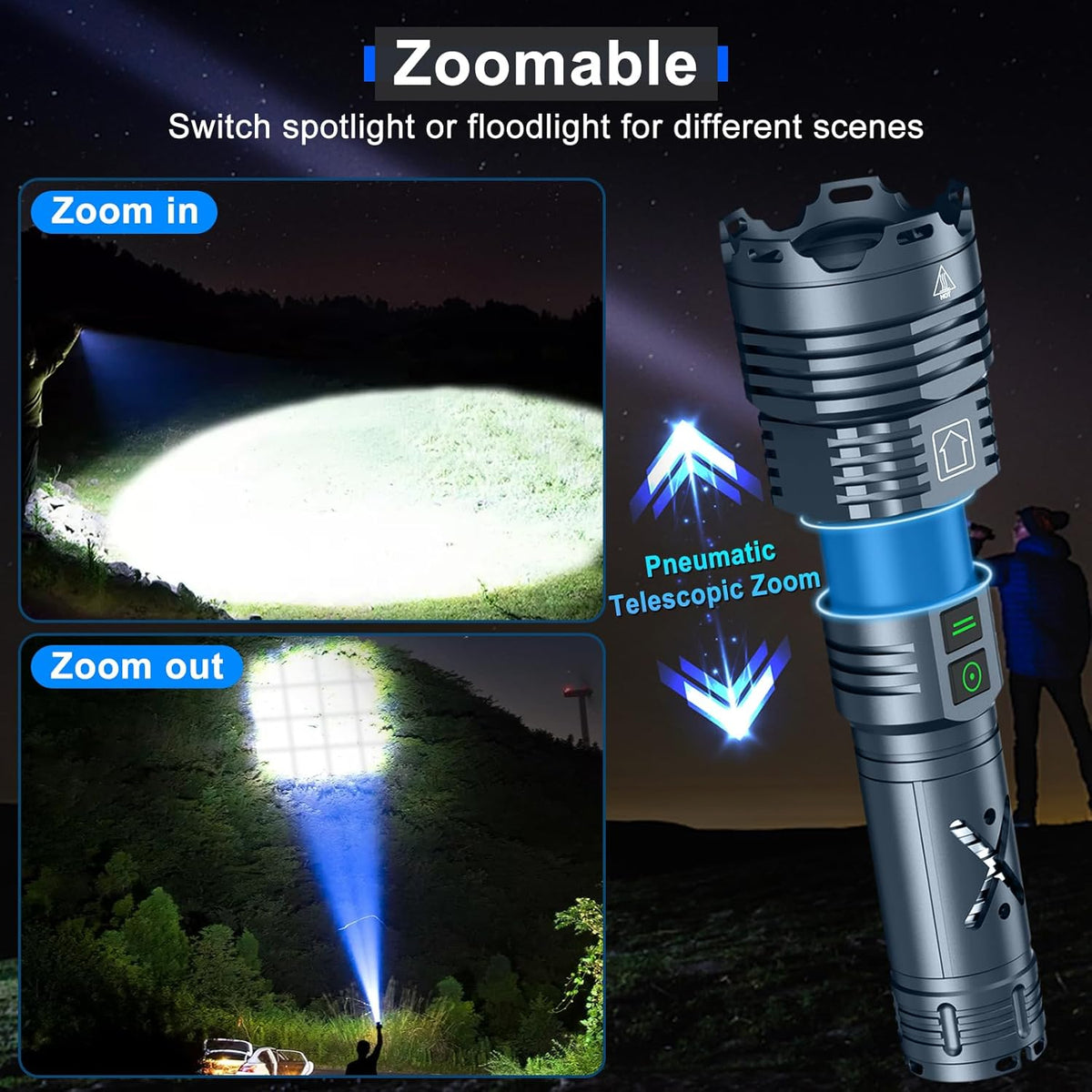 Rechargeable LED Tactical Flashlight, 2500000 Lumens, Waterproof, Zoomable O98192